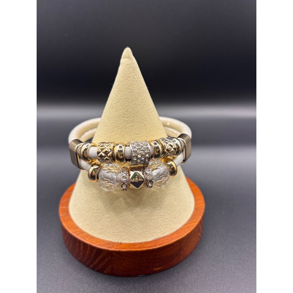 Women's Magnetic Double Strand Mesh Cord Bracelet Rhinestone Mixed Metal Cream